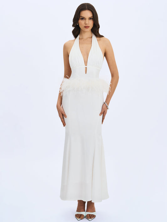 Solene Pleated Halter Backless Feather-Trim Maxi Dress