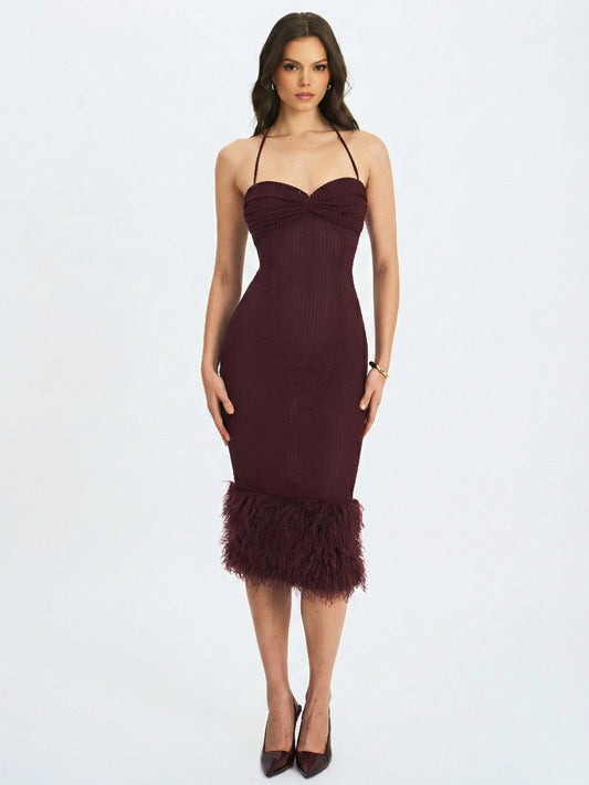 Pluma Maroon Halter Faux-Fur Trimmed Midi Dress
