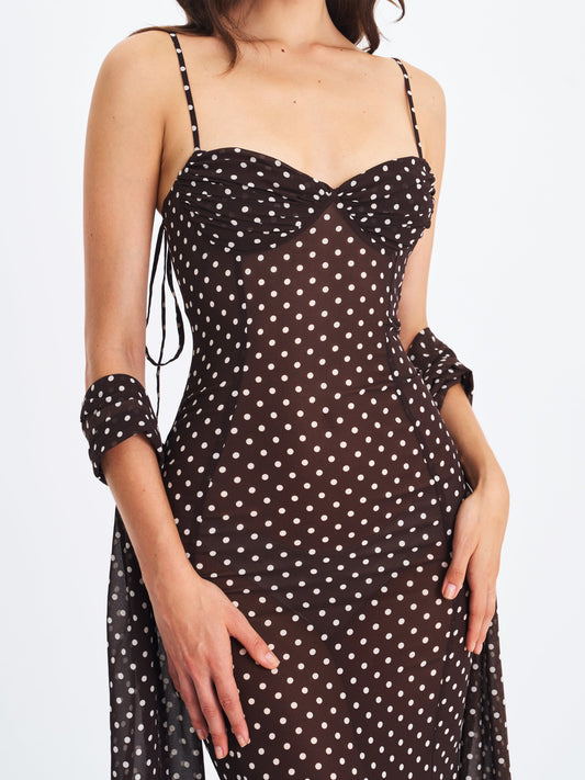 Yadira Brown Base Polka Dot Chiffon Maxi Dress