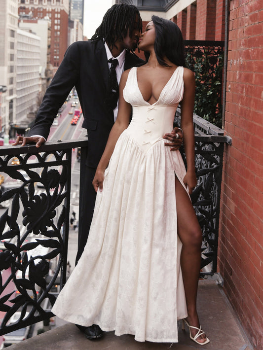 Sabrina Butter Yellow High Slit Jacquard Maxi Dress