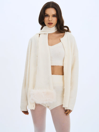Orla White Wool-Blend Ribbed Knit Cardigan
