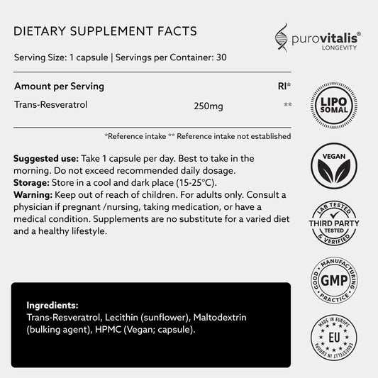 Purovitalis Liposomal Resveratrol – 250mg Micronized - 30pc