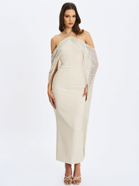 Quimera Almond Beaded Cape Halter Off-Shoulder Maxi Gown
