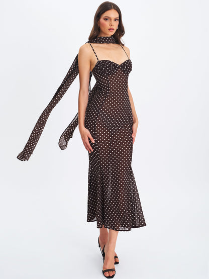 Yadira Brown Base Polka Dot Chiffon Maxi Dress