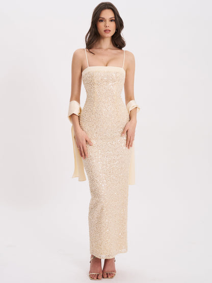 Raizel Gold Beaded Sequin Bodycon Gown with Scarf