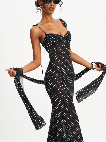 Yadira Black Base Polka Dot Chiffon Maxi Dress