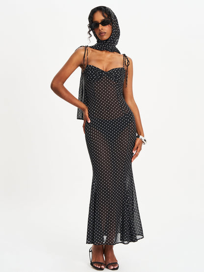 Yadira Black Base Polka Dot Chiffon Maxi Dress