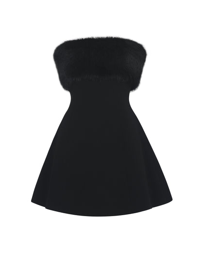 Evelyn Black Fur-Trimmed Mini A-Line Dress