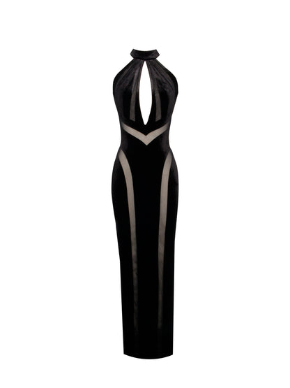 Paityn Black Velvet Mesh Cutout Halter Gown