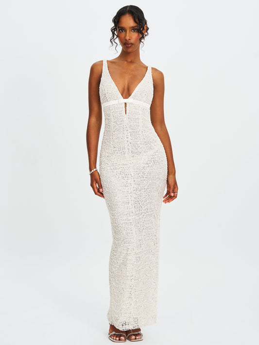 Adelaide White Beaded Sequin Net Bodycon Gown