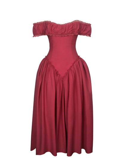 Xavy Crimson Off-Shoulder Corset Midi Dress
