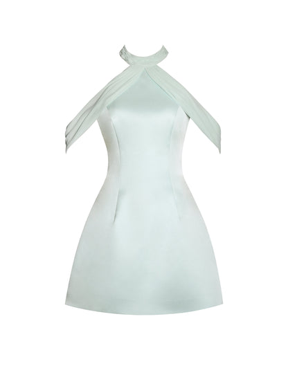Zafrina Light Cyan Halter Off-shoulder Backless Mini Dress