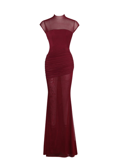 Fabienne Burgundy Mesh Cap Sleeve Mermaid Gown