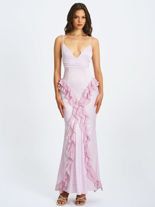 Paolina Taro Pink Jacquard Ruffle Mermaid Maxi Dress