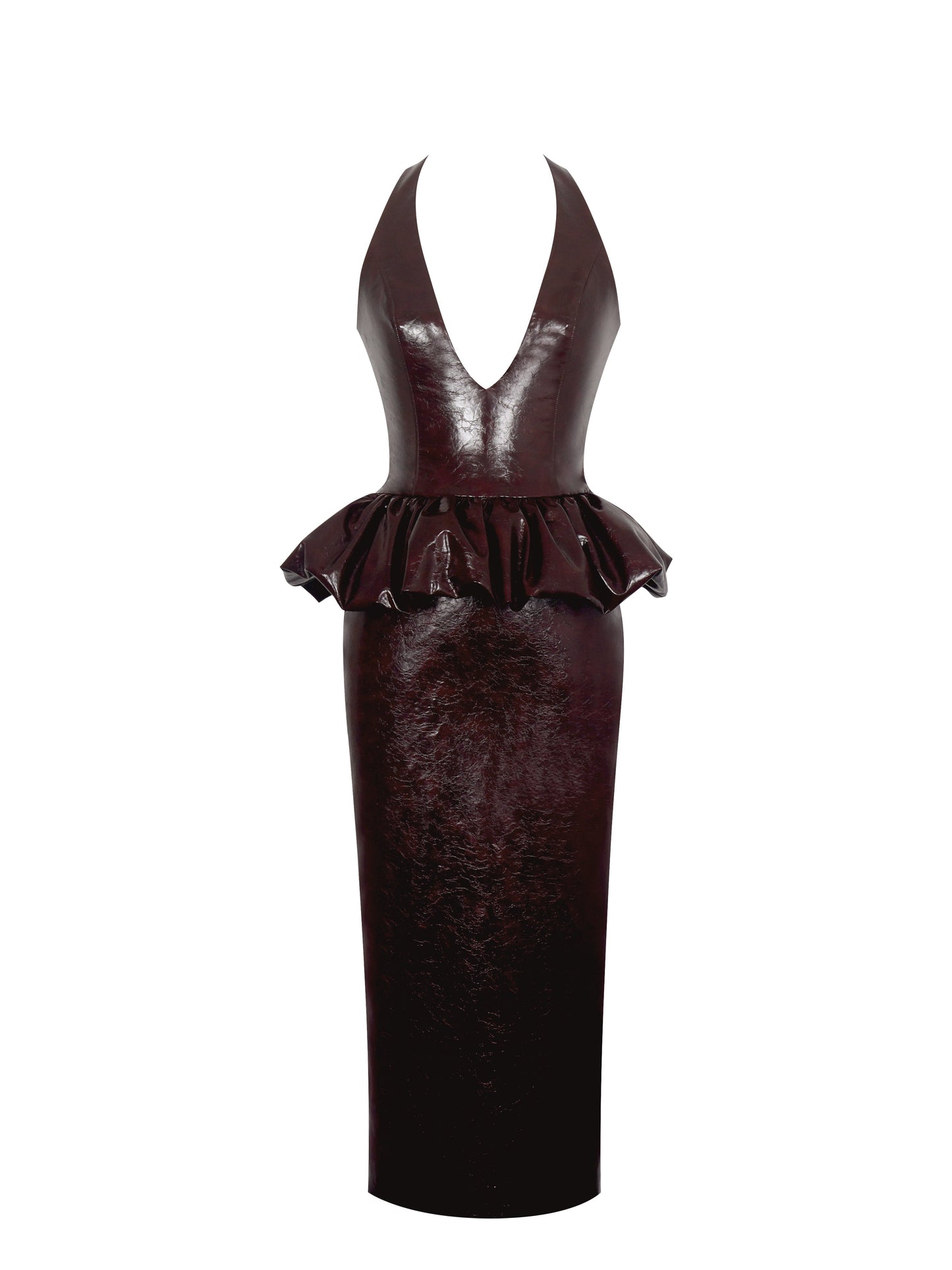 Jaslene Mahogany Ruched Peplum Plunge Halter Midi Dress