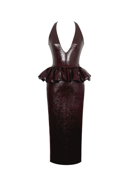 Jaslene Mahogany Ruched Peplum Plunge Halter Midi Dress