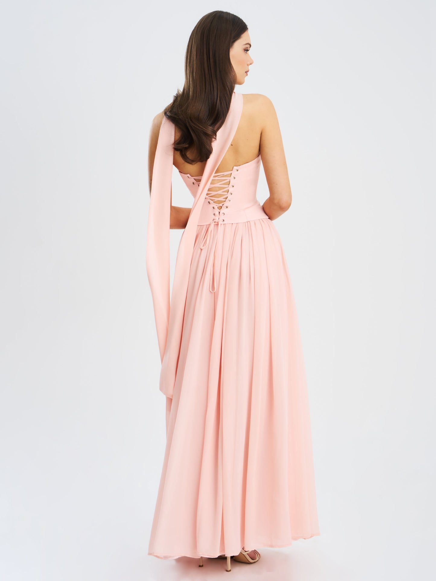 Qianna Baby Pink Peplum Top Drop Waist Chiffon Gown