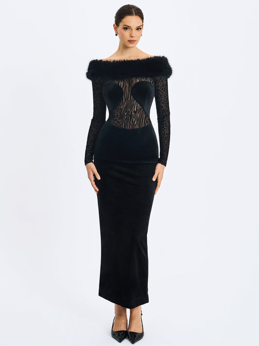 Alexis Black Velvet Animal Print Fur Boatneck Maxi Dress