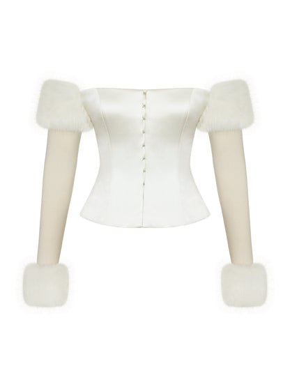 Nola Ivory Off-Shoulder Fur Trimmed Top