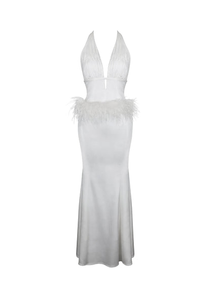 Solene Pleated Halter Backless Feather-Trim Maxi Dress