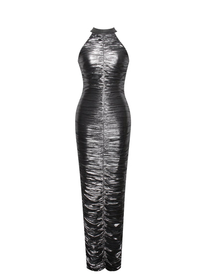 Abril Ruched Silver Glitter Backless Gown