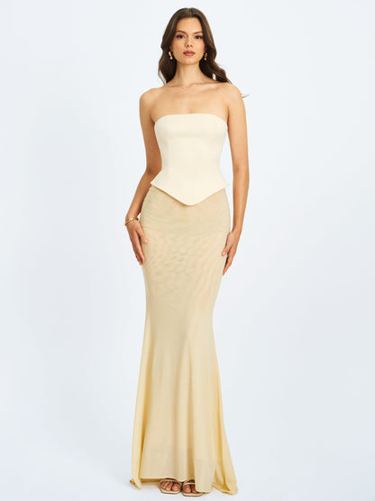 Adelina Butter Yellow Peplum Mermaid Gown with Lace-up Back