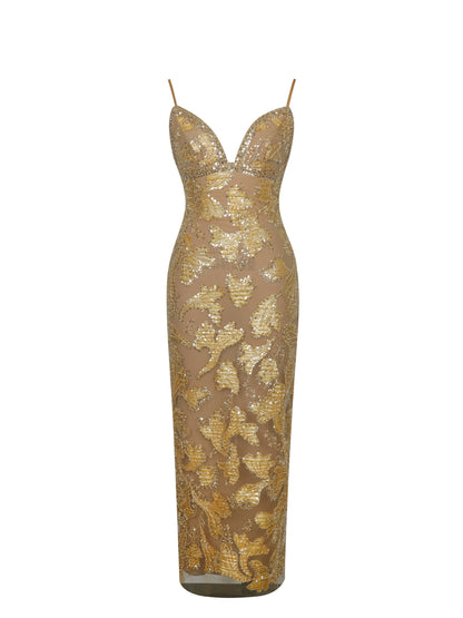 Edie Gold Beaded Sequin Midi Pencil Dress