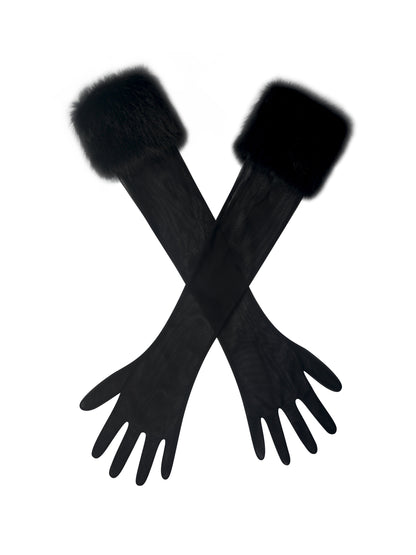 Eve Black Fur-Trimmed Mesh Opera-length Gloves