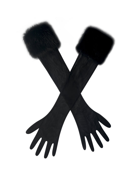 Eve Black Fur-Trimmed Mesh Opera-length Gloves