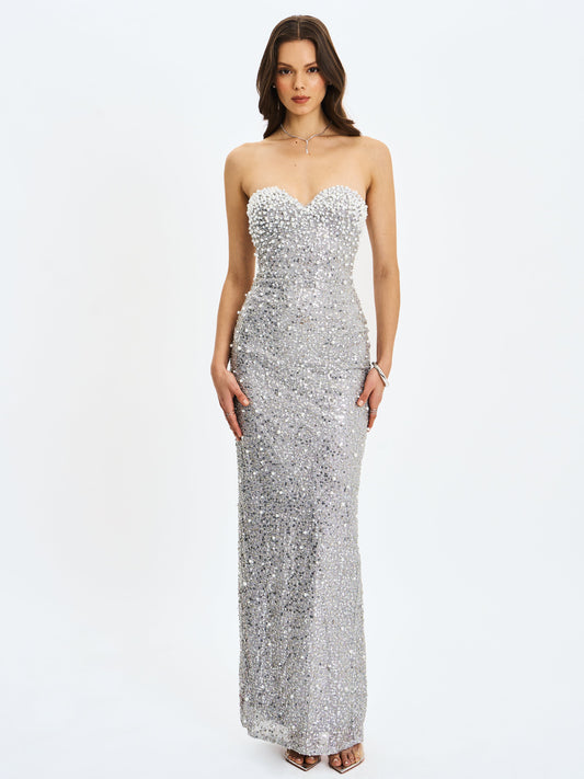 Noelle Silver Sequin Pearl-Embellished Sweetheart Maxi Dress