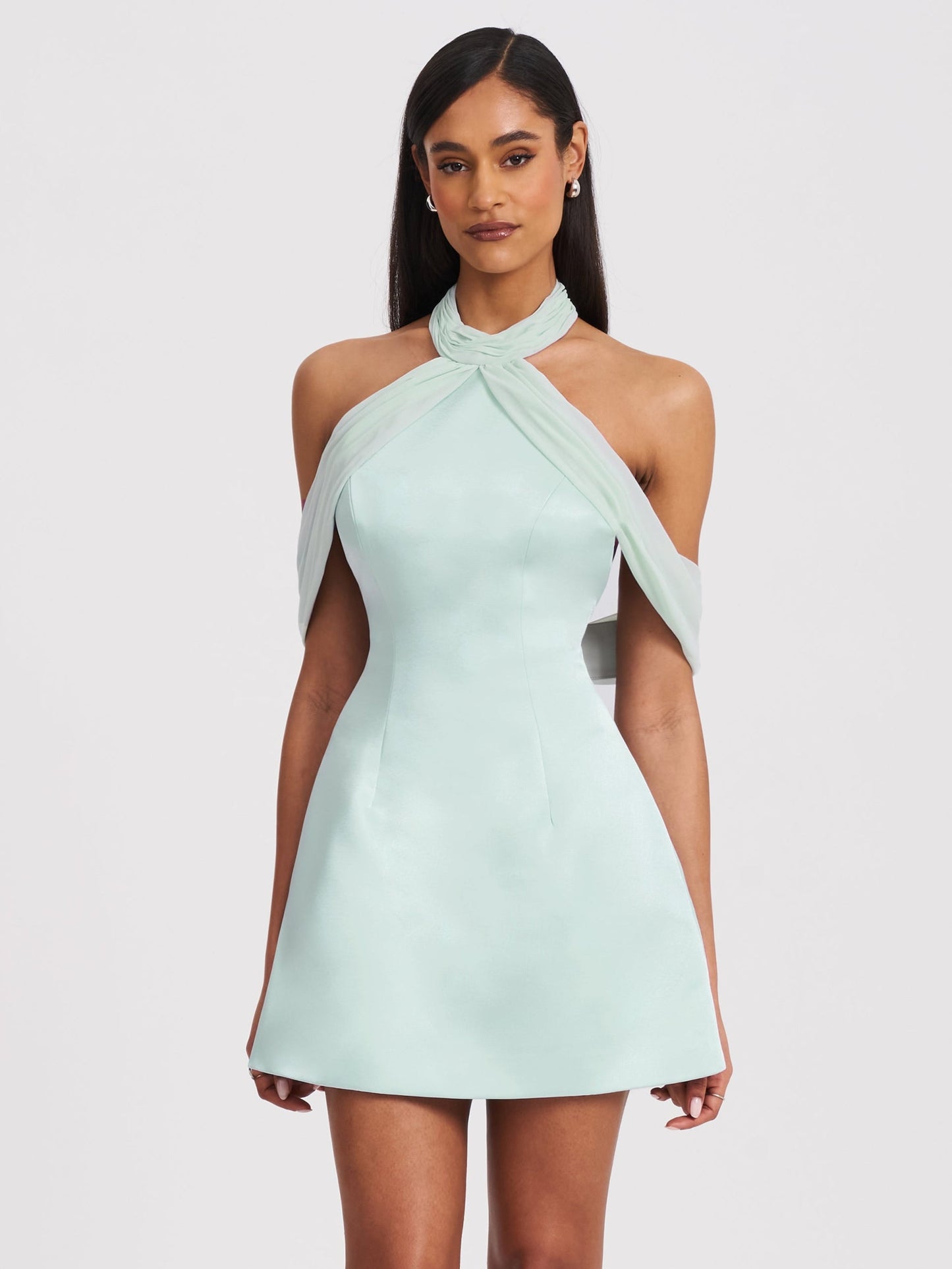 Zafrina Light Cyan Halter Off-shoulder Backless Mini Dress