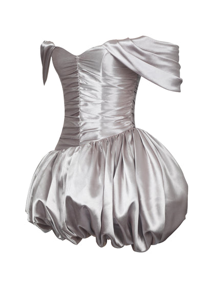 Milena Champagne Ruched Asymmetrical Bubble Mini Dress