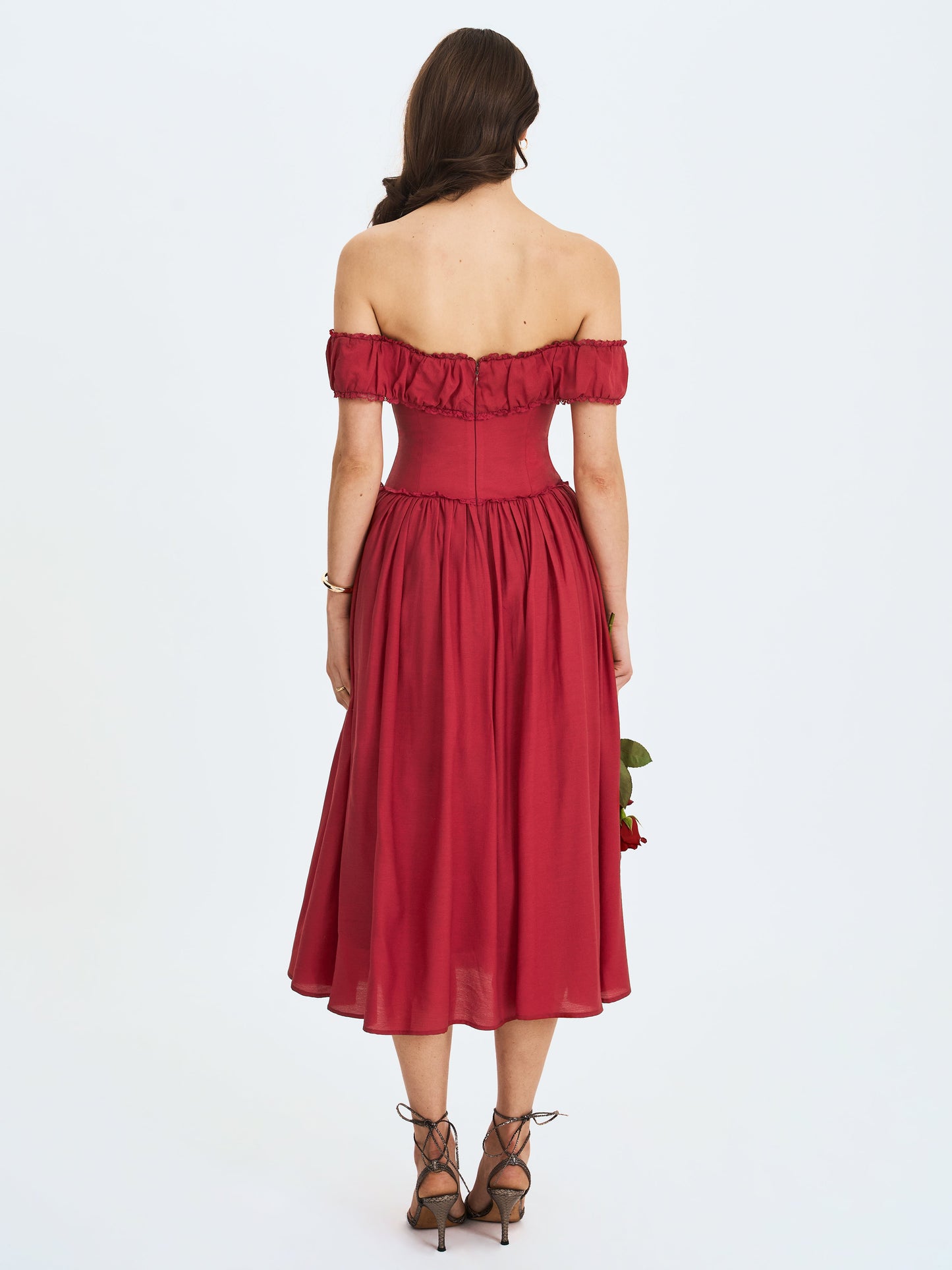Xavy Crimson Off-Shoulder Corset Midi Dress