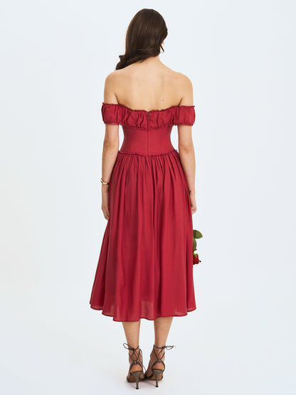 Xavy Crimson Off-Shoulder Corset Midi Dress