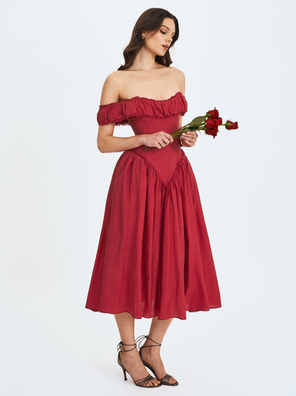 Xavy Crimson Off-Shoulder Corset Midi Dress