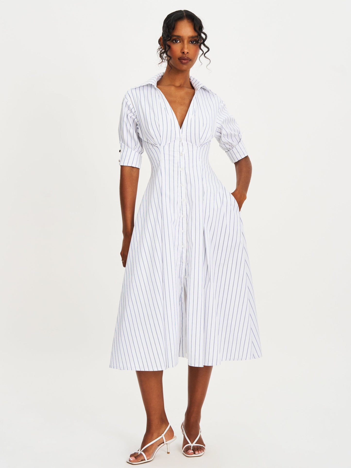 Palina Pinstripes Cotton Poplin Pleated Midi Preppy Shirt Dress