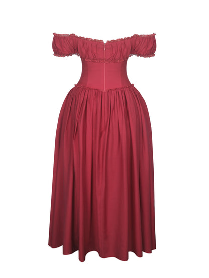 Xavy Crimson Off-Shoulder Corset Midi Dress
