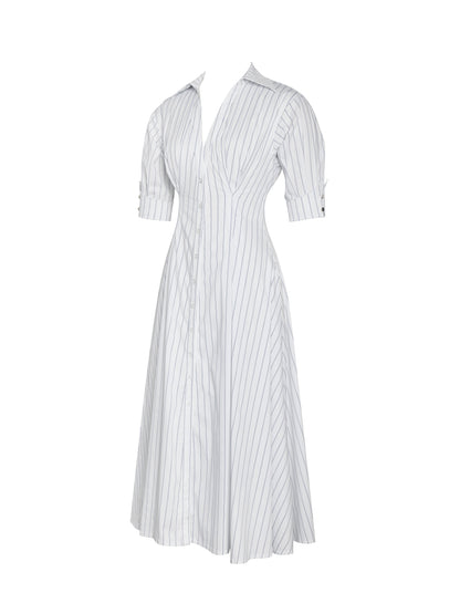 Palina Pinstripes Cotton Poplin Pleated Midi Preppy Shirt Dress
