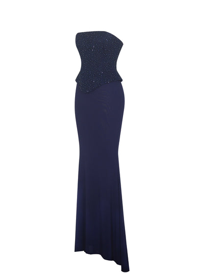Orabelle Navy Beaded Peplum Mermaid Maxi Gown with Lace-up Back