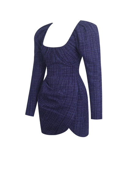 Denise Navy Tweed Ruched Puff Sleeve Mini Dress