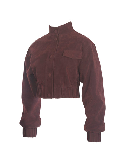 Farryn Mahogany Vegan Suede Cropped Bomber Jacket