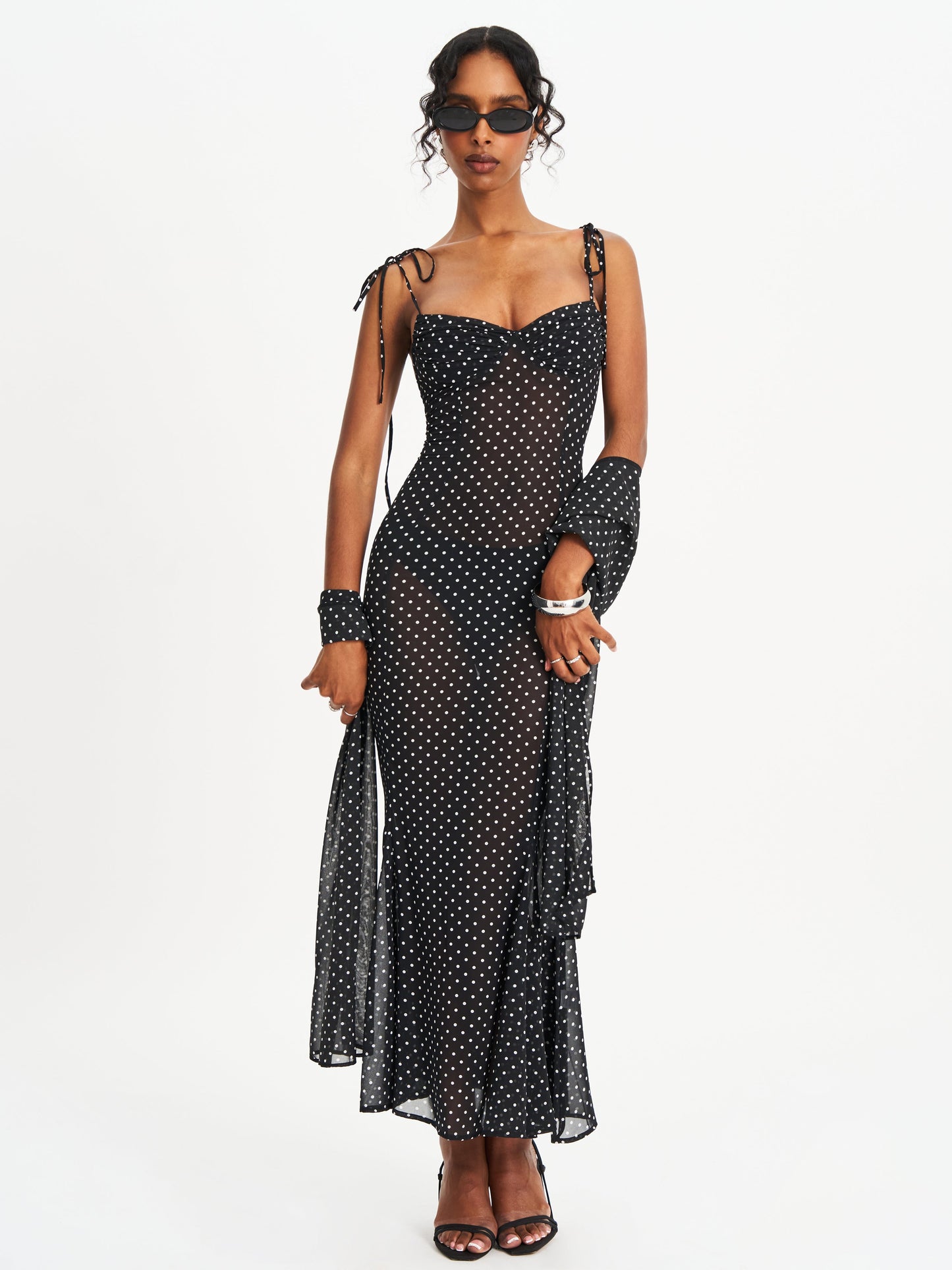 Yadira Black Base Polka Dot Chiffon Maxi Dress