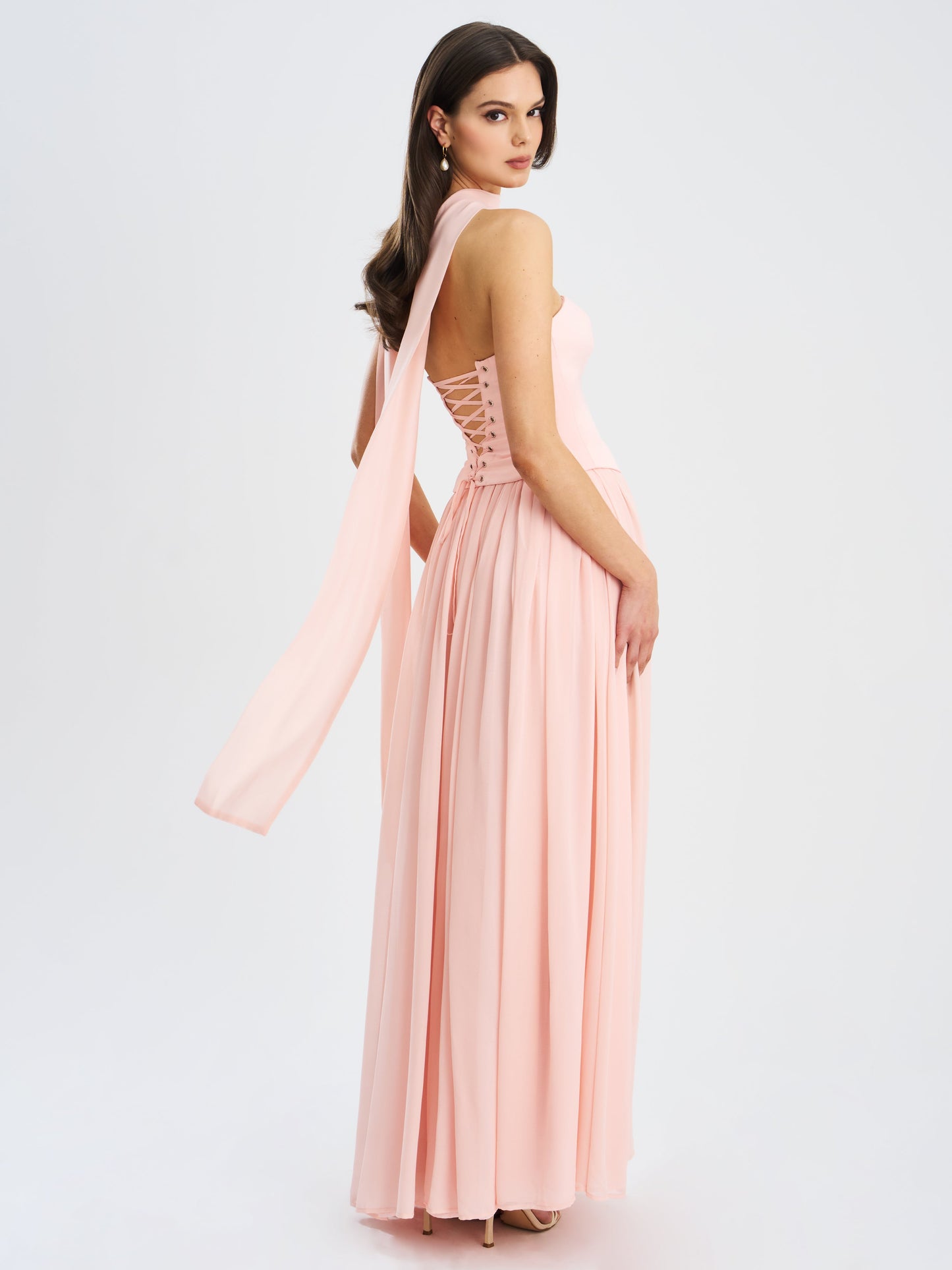 Qianna Baby Pink Peplum Top Drop Waist Chiffon Gown