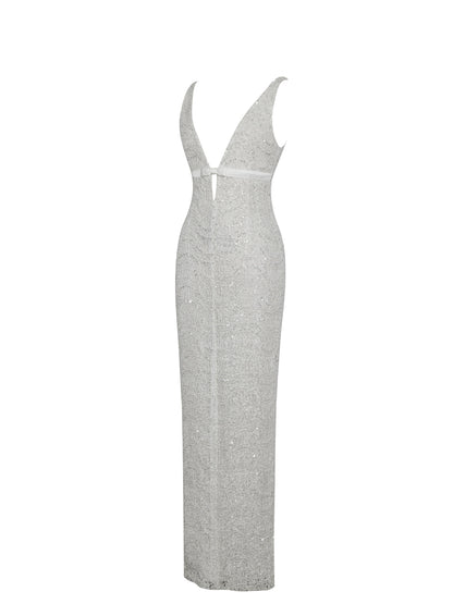 Adelaide White Beaded Sequin Net Bodycon Gown