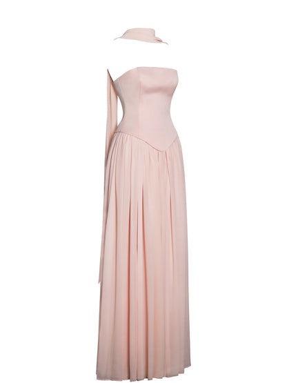 Qianna Baby Pink Peplum Top Drop Waist Chiffon Gown