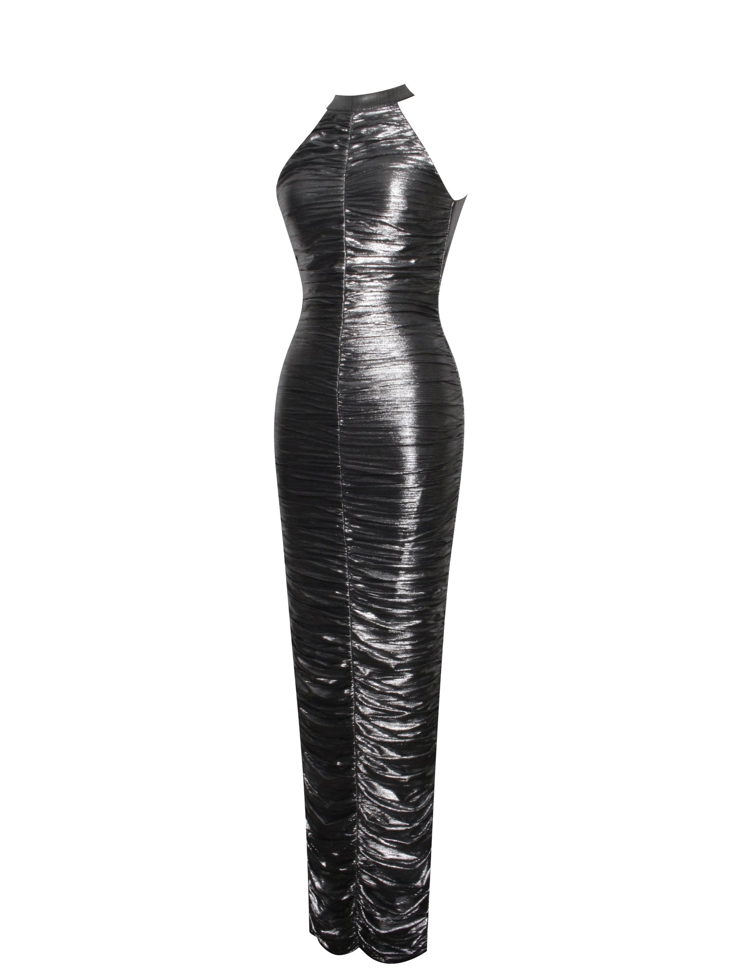 Abril Ruched Silver Glitter Backless Gown