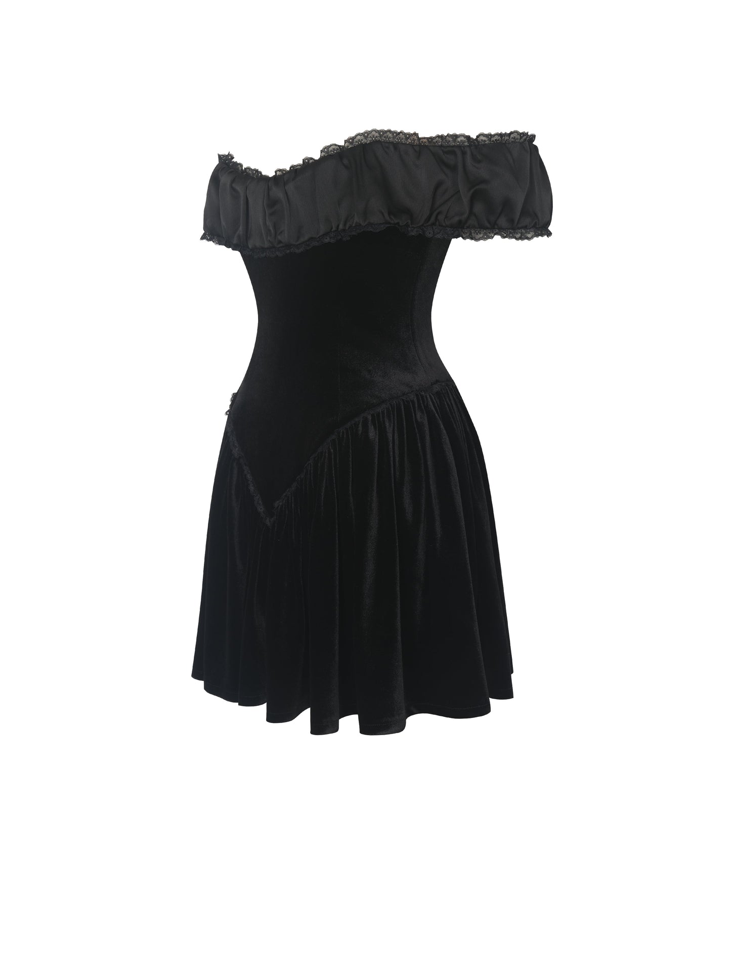 Daisha Black Lace Trimmed Off-Shoulder Ruched Mini Dress