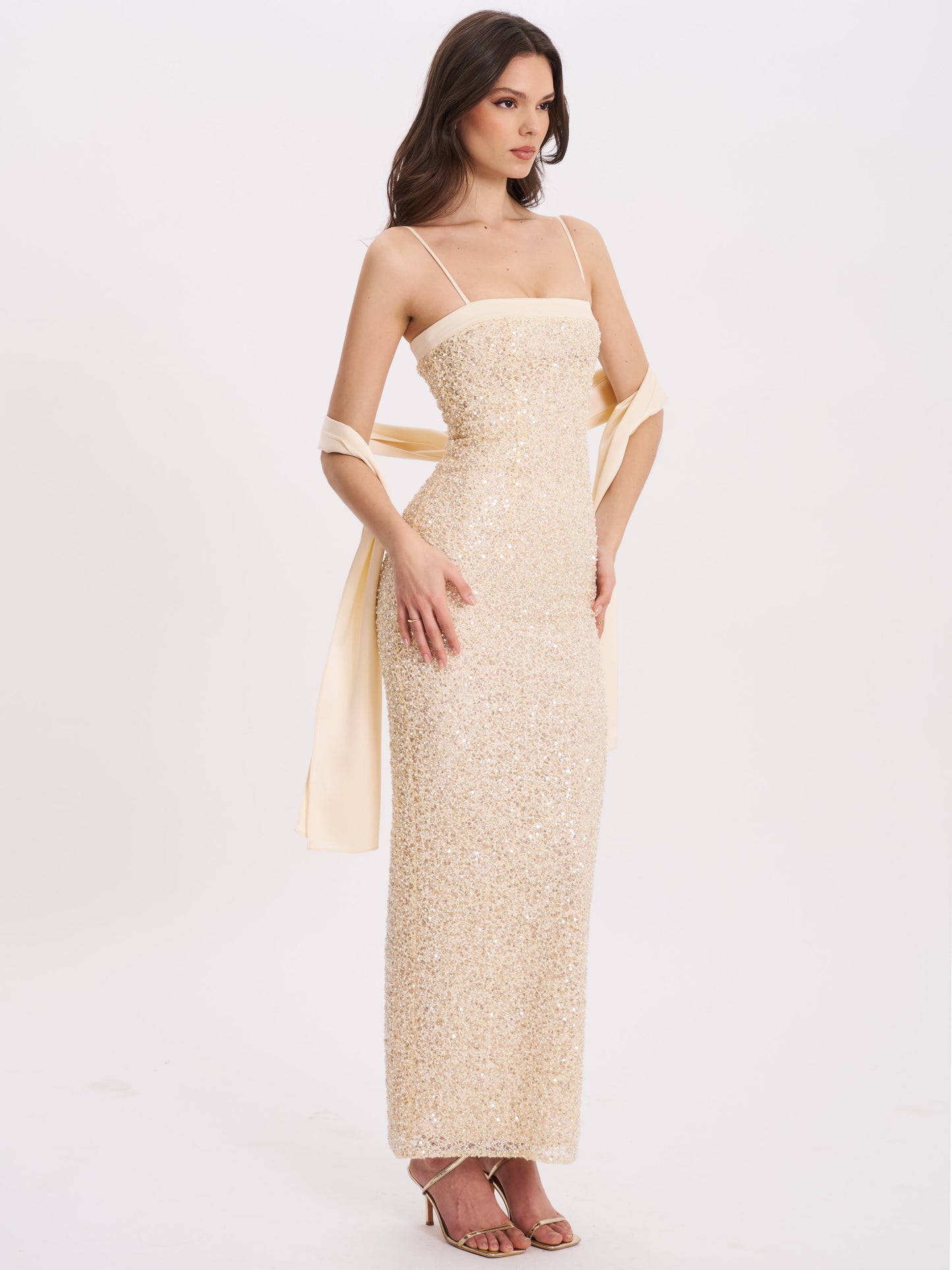 Raizel Gold Beaded Sequin Bodycon Gown with Scarf