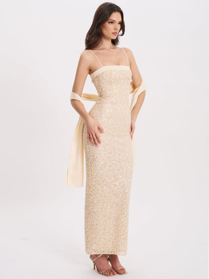 Raizel Gold Beaded Sequin Bodycon Gown with Scarf