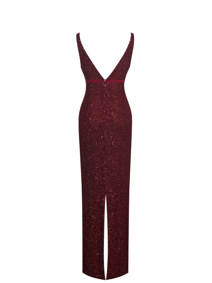 Elora Crimson Sequin Beaded Keyhole Maxi Dress